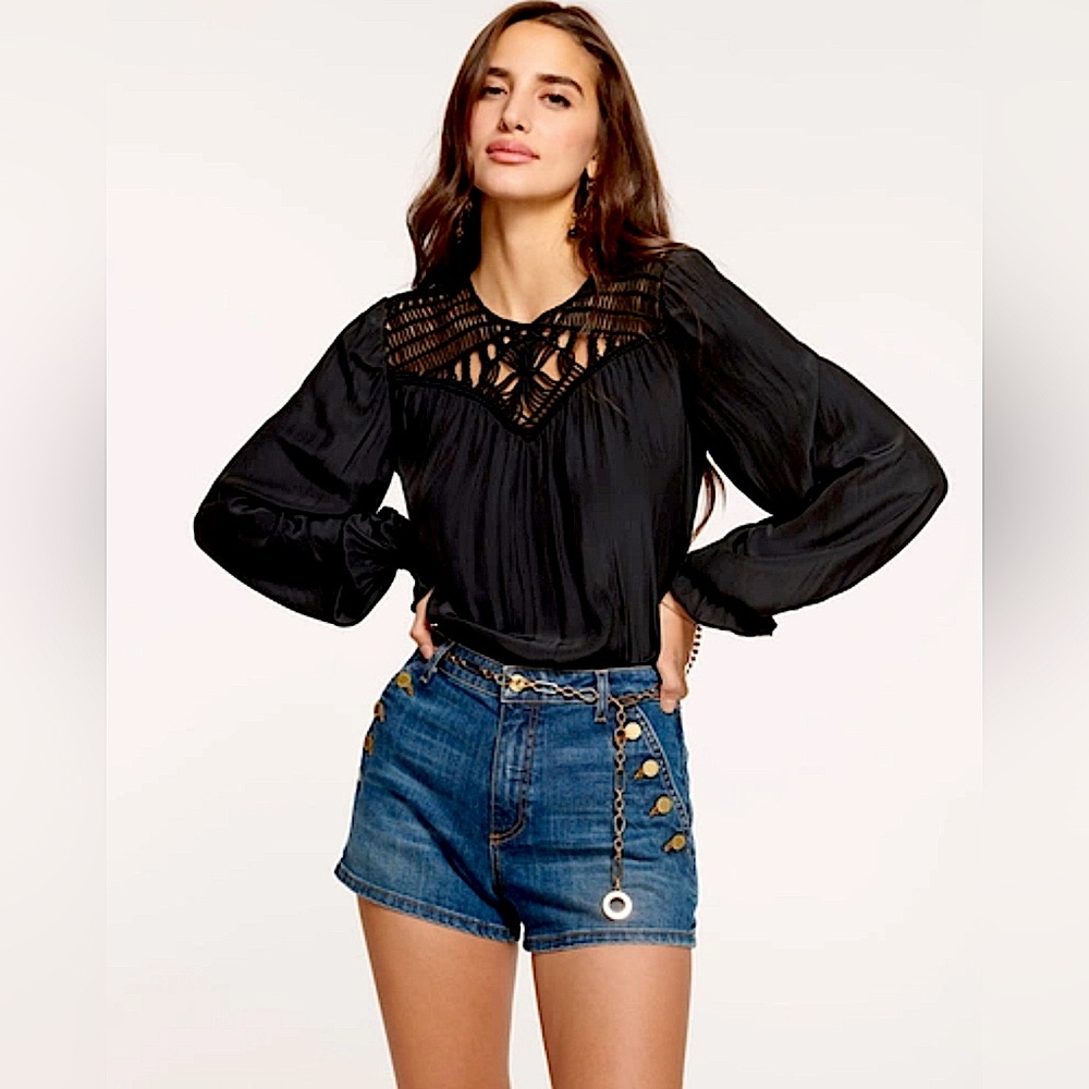 RAMY BROOK Sarah Embellished Cutout Crochet Neck Blouse Size XXS Black MSRP $385